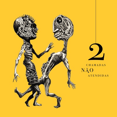 Duas figuras humanas abstratas em preto e branco sobre fundo amarelo com texto '2 CHAMADAS NÃO ATENDIDAS'.