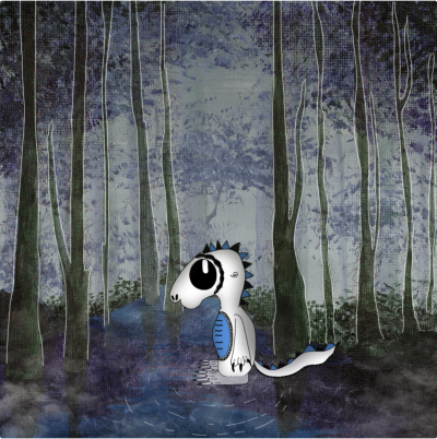 Ilustração de uma criatura branca e azul numa floresta púrpura abstrata