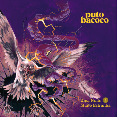 Ilustração de ave branca com fumo e eletricidade no álbum Uma Noite Muito Estranha de puto bacoco