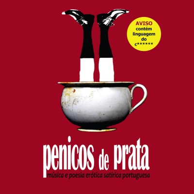 Capa de álbum vermelho com penico de prata e pernas femininas a sair, texto e aviso em amarelo