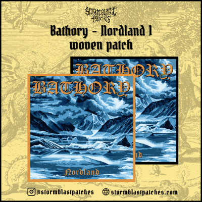 Patch tecido Bathory Nordland 1 com paisagem montanhosa azul e texto laranja