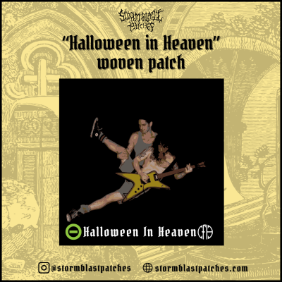 Patch tecido 'Halloween in Heaven' com imagem de duas pessoas a tocar guitarra e texto promocional