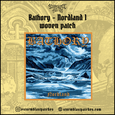Patch tecido quadrado com ilustração de paisagem gelada e texto Bathory Nordland