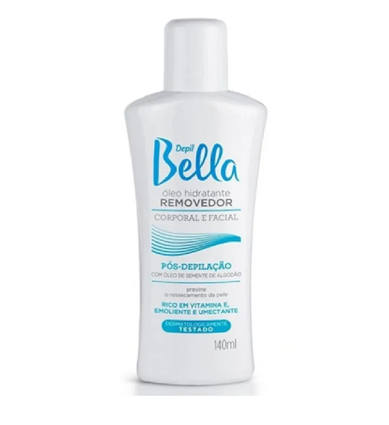 Frasco branco de óleo hidratante removedor Depil Bella 140 ml