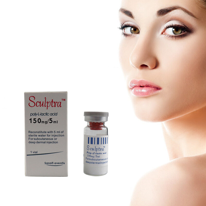 Embalagem e frasco de Sculptra com texto e rosto feminino ao lado direito