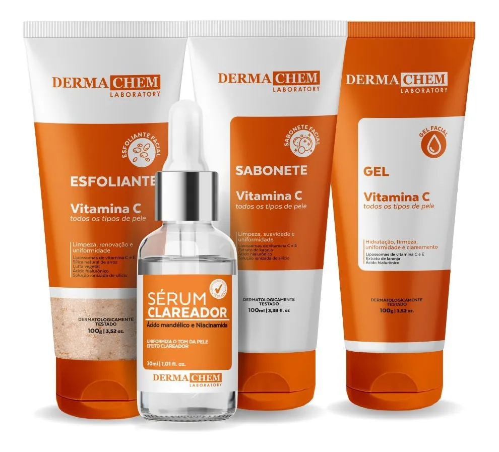Produtos cosméticos Derma Chem em embalagens brancas e laranja com textos em português.
