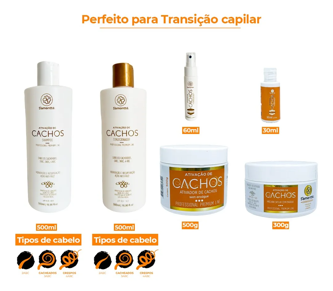 Conjunto de produtos para ativação de cachos Samontté com rótulos brancos e laranja para vários tipos de cabelo cacheado.