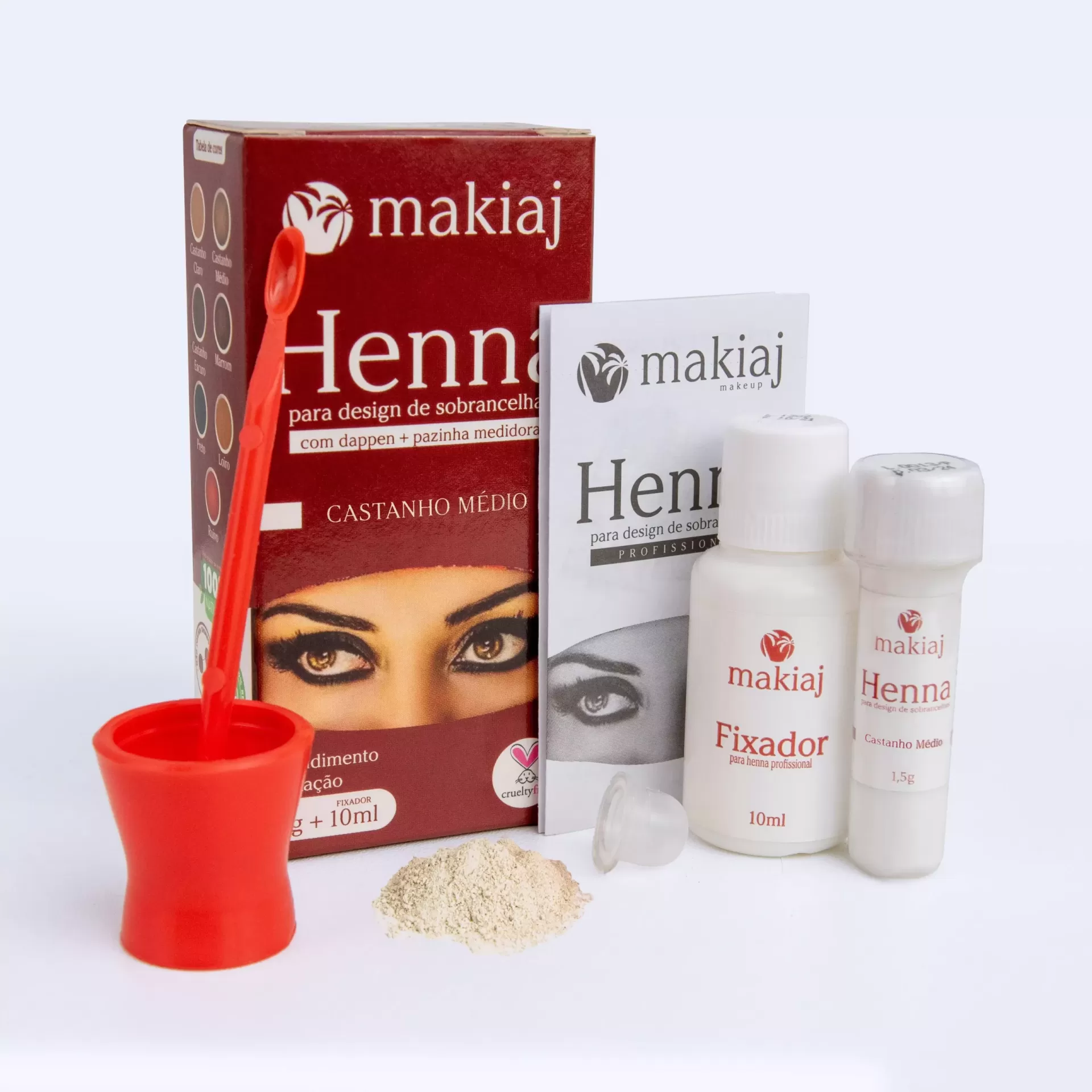Conjunto de henna para sobrancelhas Makiáj com acessórios e embalagem
