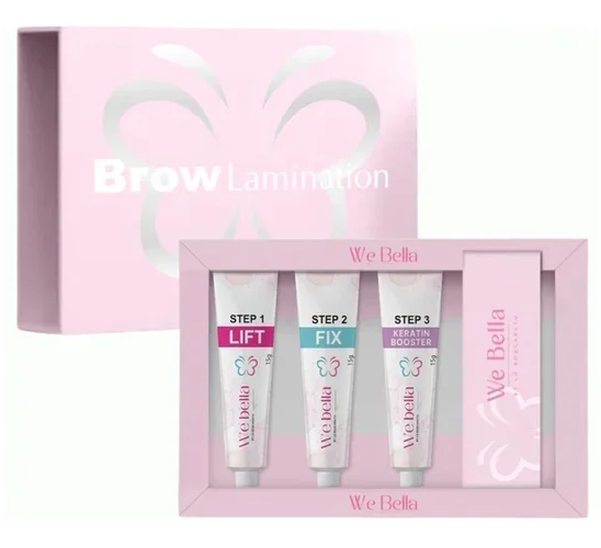 Kit de laminação de sobrancelhas We Bella com 3 tubos e caixa rosa clara