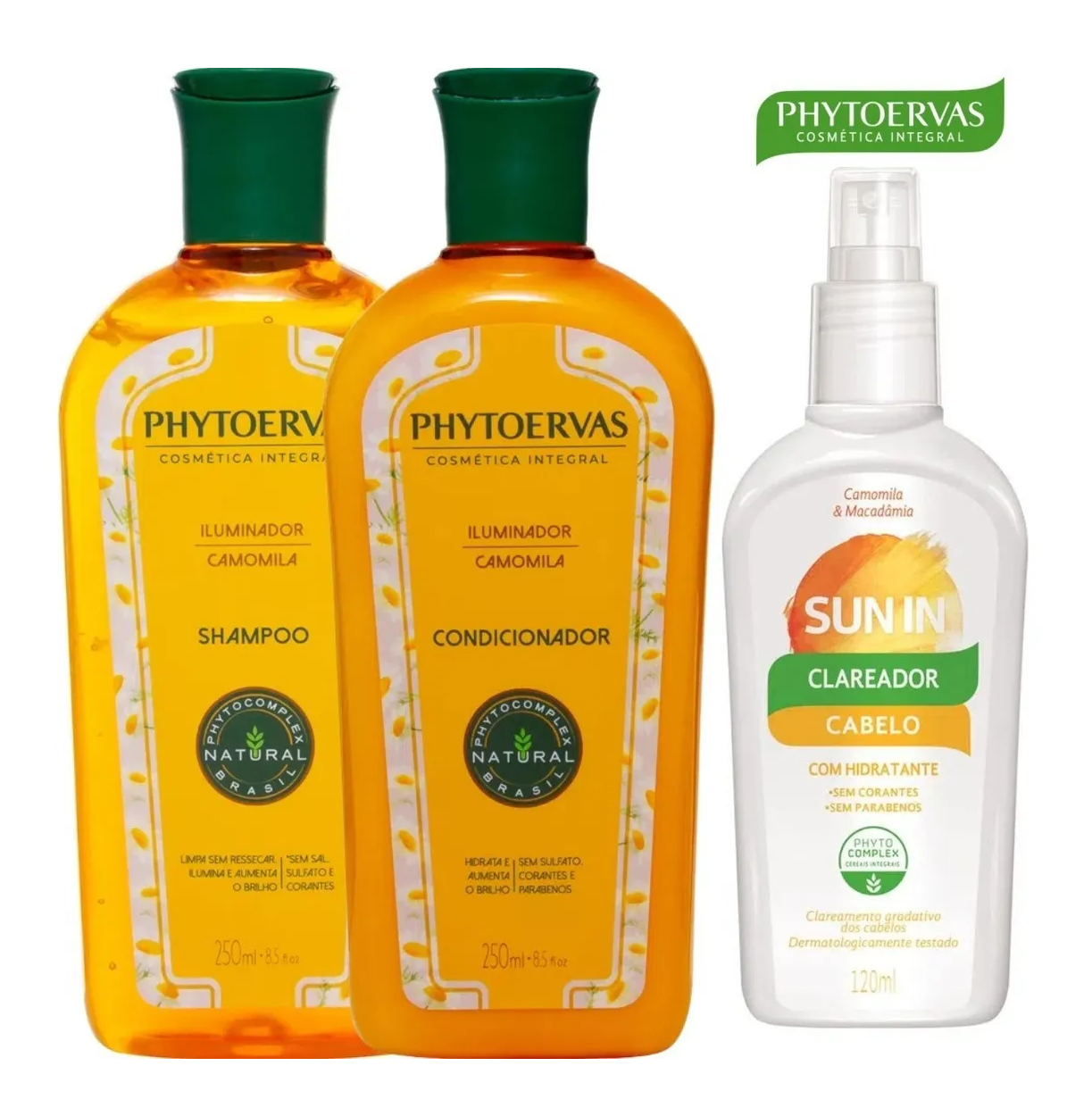 Três produtos PHYTOVERVAS cosmética integral, shampoo, condicionador e clareador de cabelo.