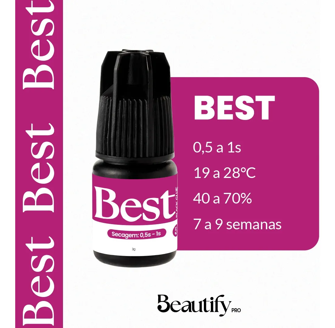 Frasco pequeno preto com rótulo roxo e branco e texto 'Best' com instruções ao lado