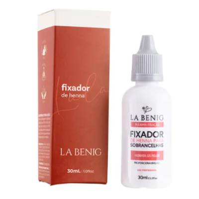 Fixador de henna para sobrancelhas La Benig, frasco branco e caixa terracota