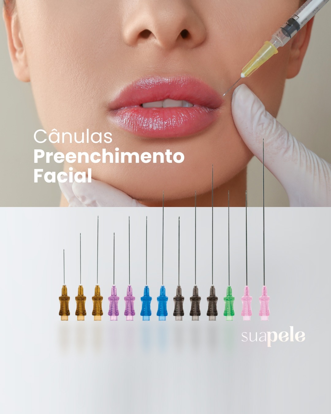Mulher a receber preenchimento facial com cânula e várias cânulas coloridas alinhadas