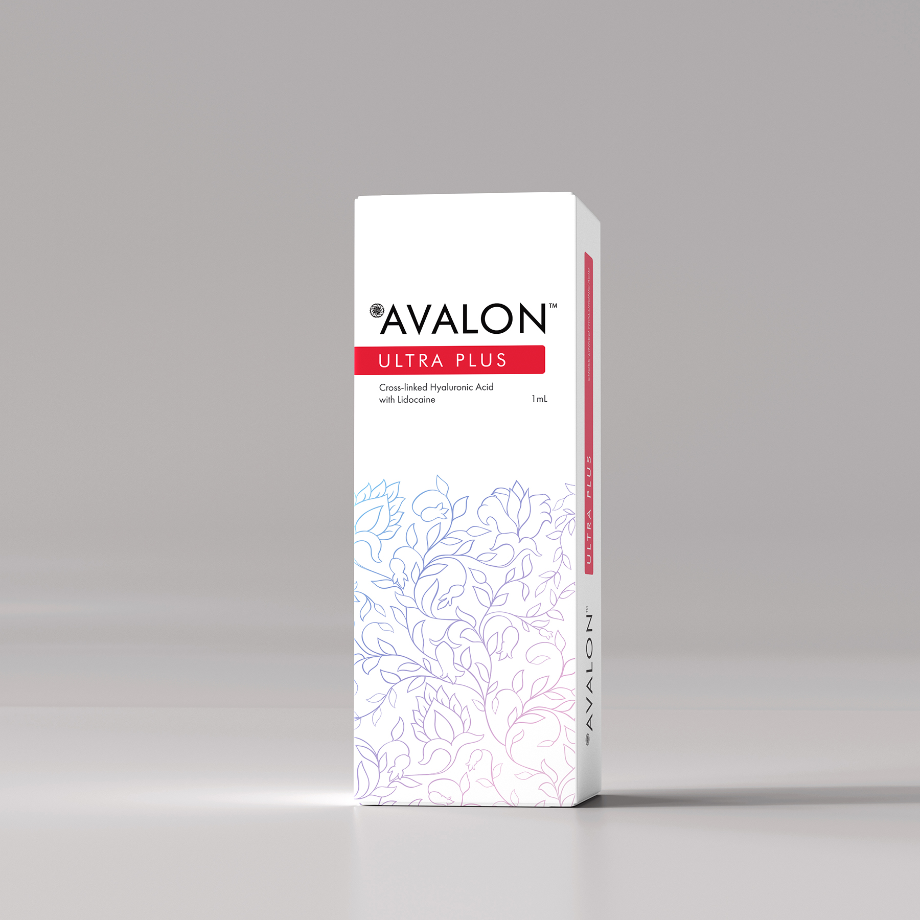 Embalagem branca de creme facial Avalon Ultra Plus com padrão floral azul