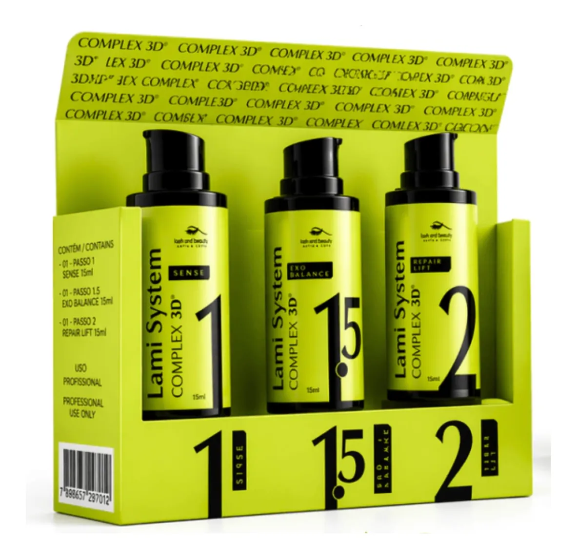 Conjunto de três frascos de produtos Lami System COMPLEX 3D amarelos e pretos