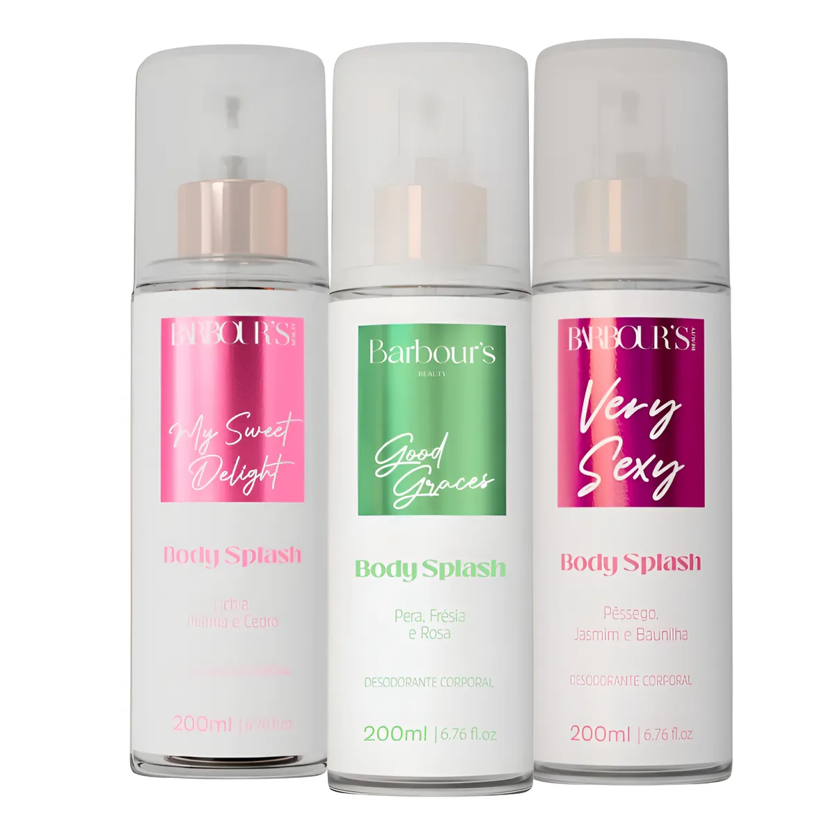 Três frascos brancos de Body Splash Barbour’s com etiquetas rosa, verde e bordeaux