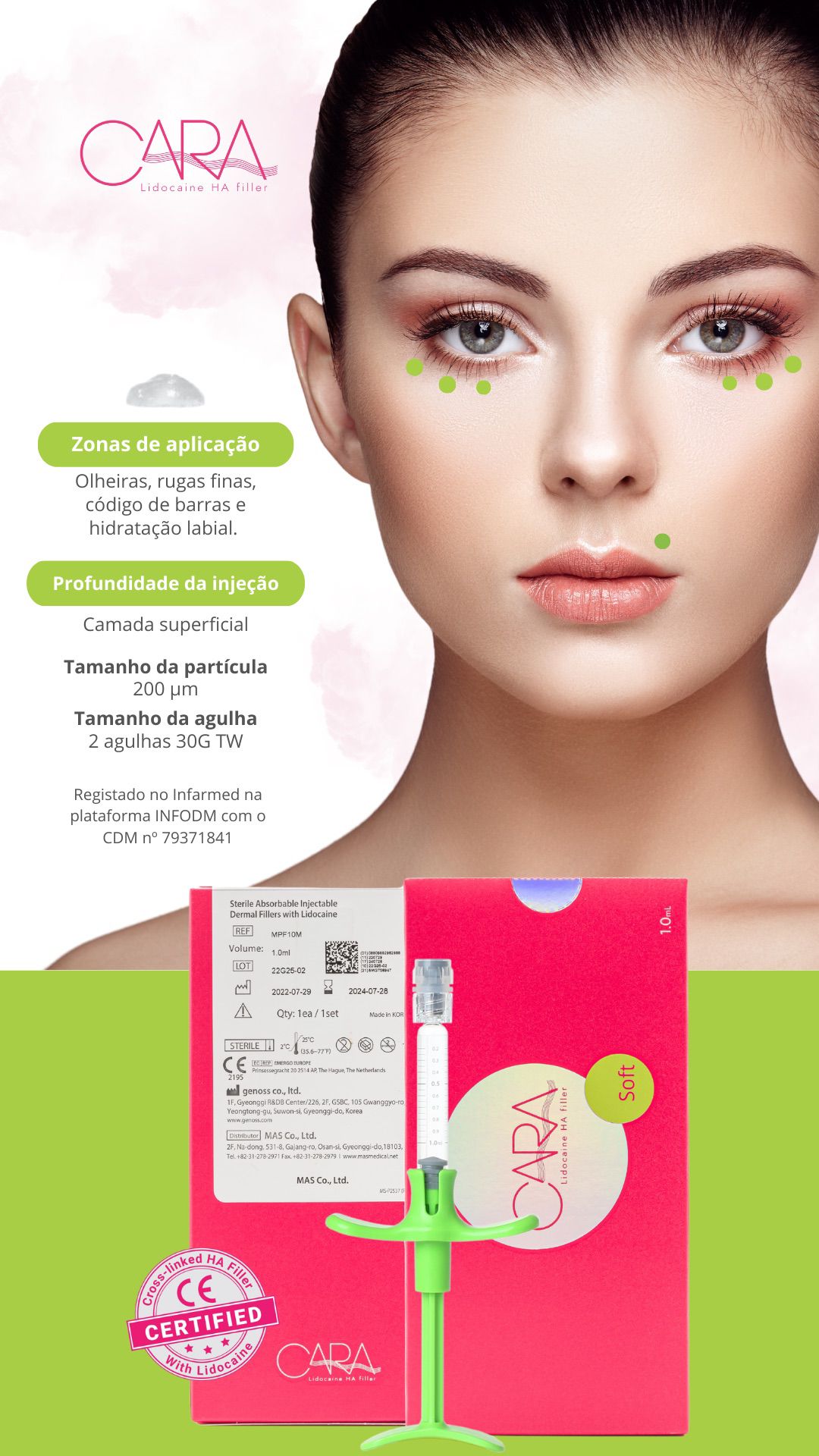 Produto cosmético Cara Lidocaine HA Filler com seringa e embalagem rosa e rosto feminino com indicações verdes.