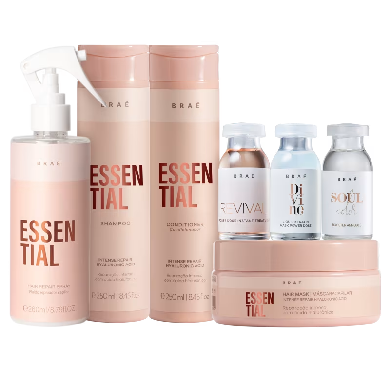 Produtos de cuidados capilares BRAÉ ESSENTIAL com frascos rosa e branco