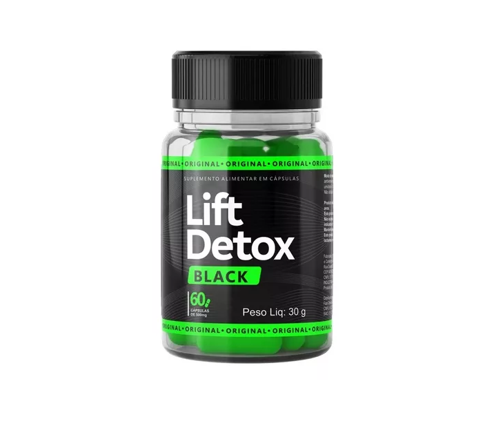 Frasco de suplemento alimentar Lift Detox Black com cápsulas verdes