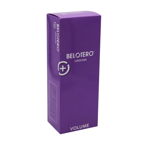 Embalagem roxa de produto BELOTERO LIDOCAINE VOLUME com texto branco