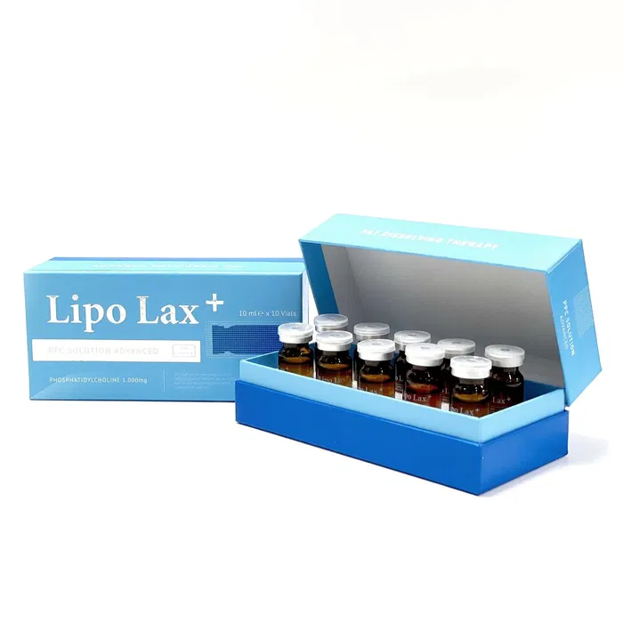 Conjunto de frascos Lipo Lax+ em caixa azul aberta e fechada