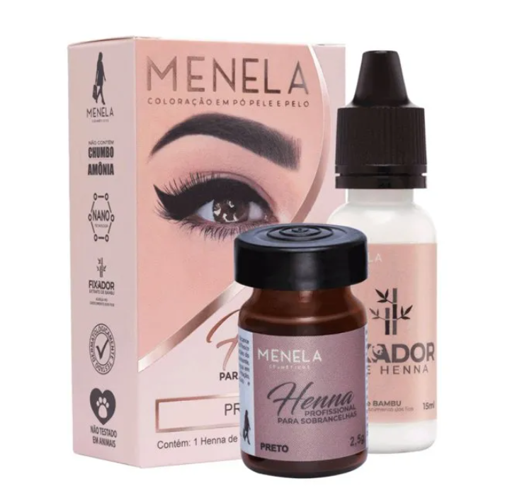 Kit henna Menela para sobrancelhas com embalagem rosa, frasco marrom e frasco branco