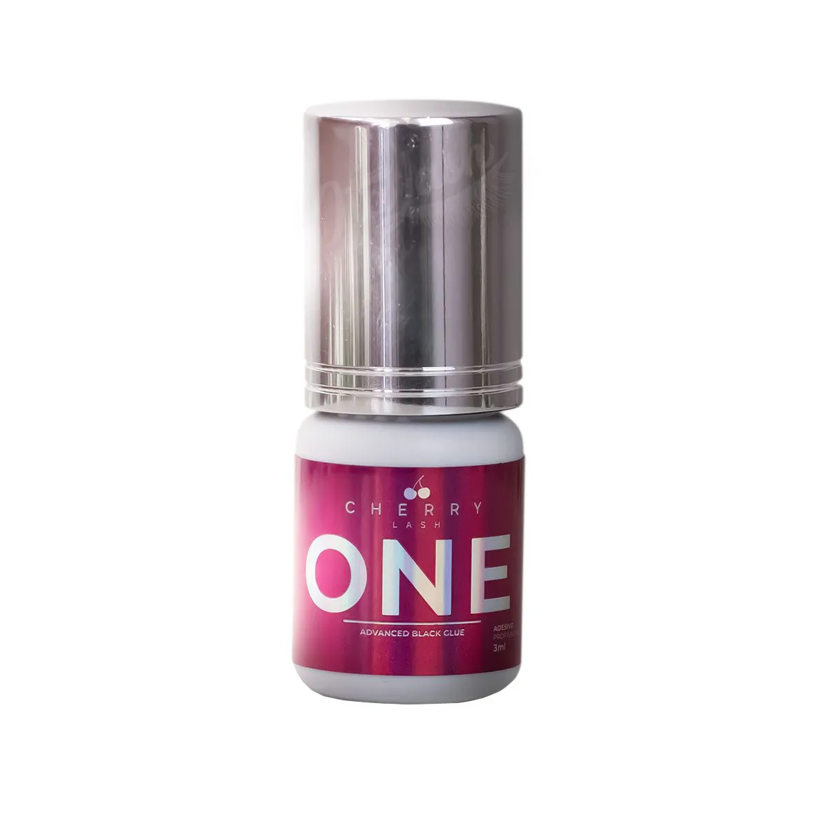 Frasco pequeno de cola para cílios com rótulo vermelho e tampa prateada