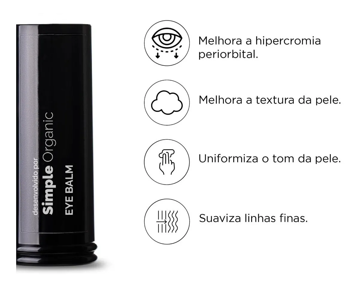 Produto Simple Organic EYE BALM em embalagem preta com texto e ícones com benefícios ao lado