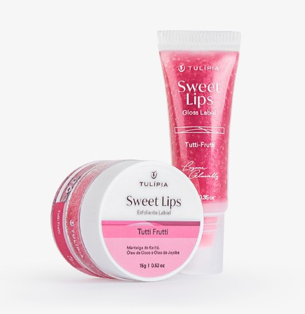 Produtos Tulipia Sweet Lips em embalagem rosa e branca, esfoliante e gloss labial