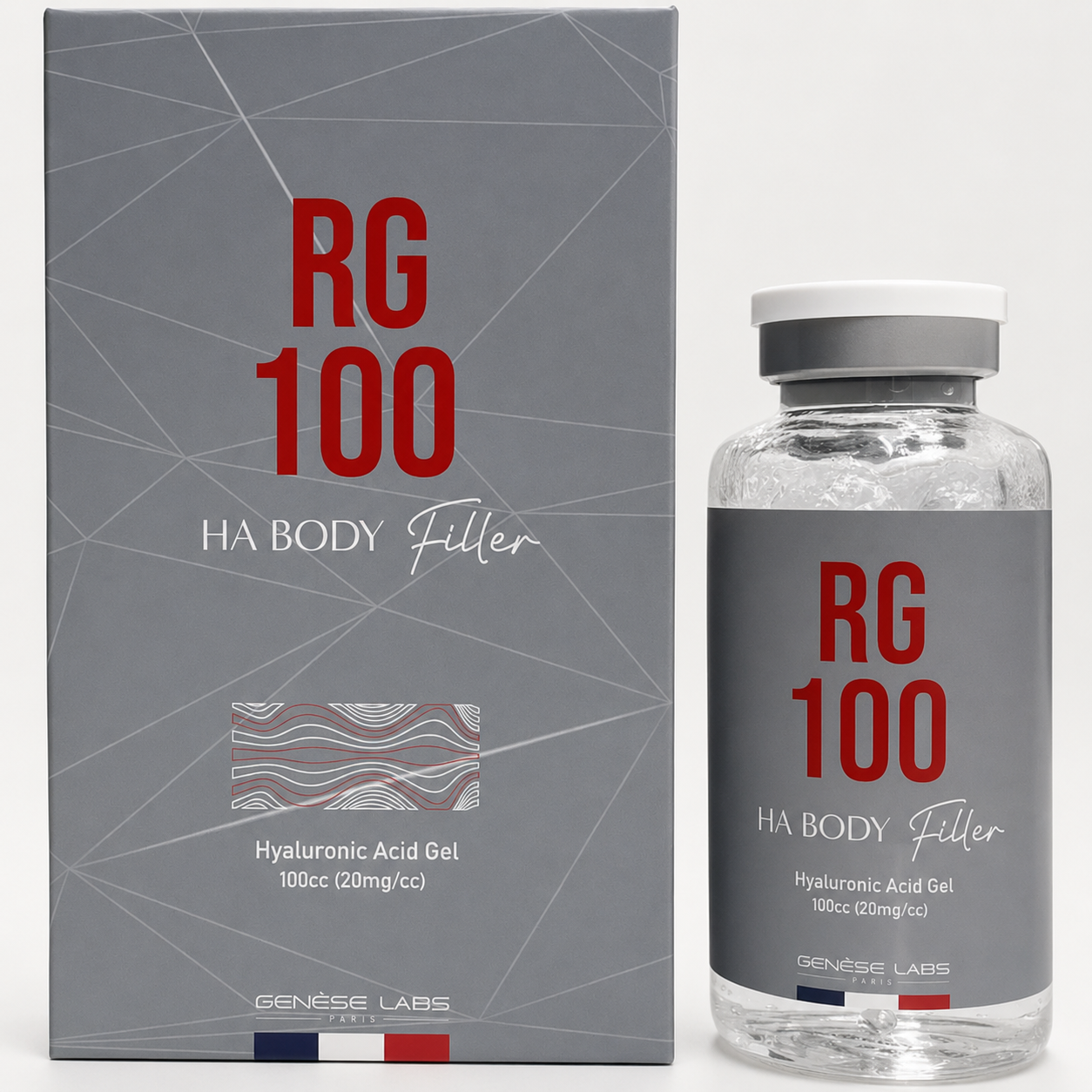 Frasco e caixa de produto cosmético RG 100 HA BODY Filler com ácido hialurónico