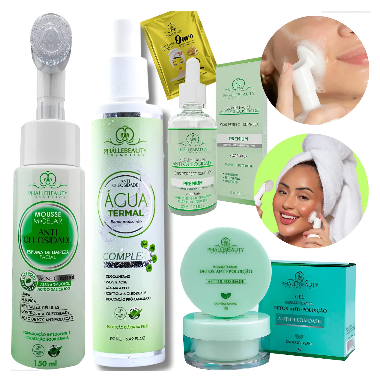 Conjunto de produtos faciais Phállebeauty Cosmetics anti oleosidade e detox com aplicação aparente do aparelho de limpeza