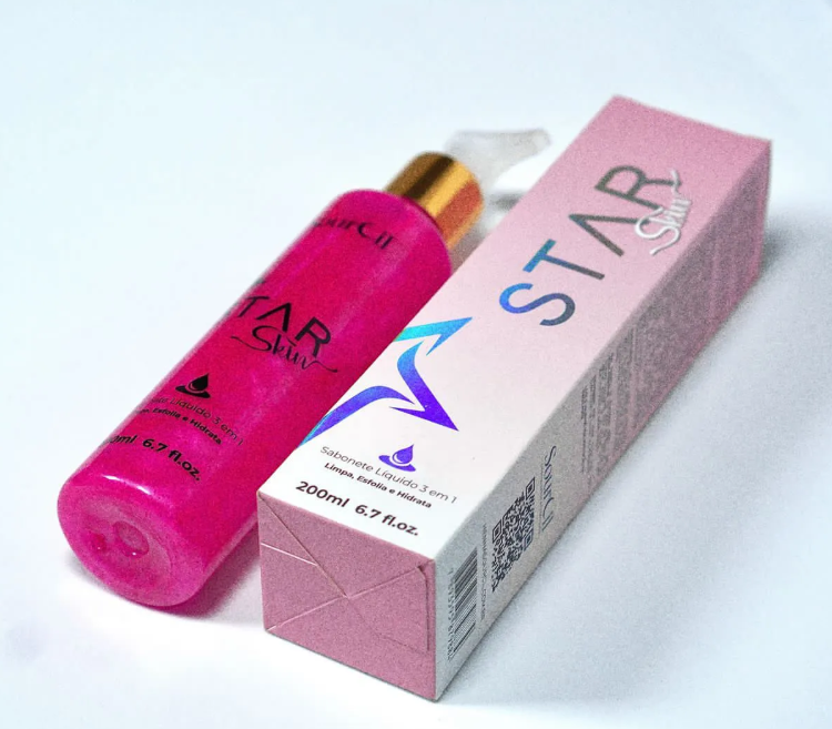 Frasco rosa translúcido e caixa rosa de sabonete líquido STAR Skin
