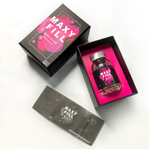 Frasco de vidro MAXY FILL BODY FILLER dentro de embalagem preta e rosa com folheto informativo