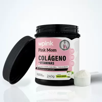 Frasco preto de suplemento Pink Mom com colágeno e vitaminas
