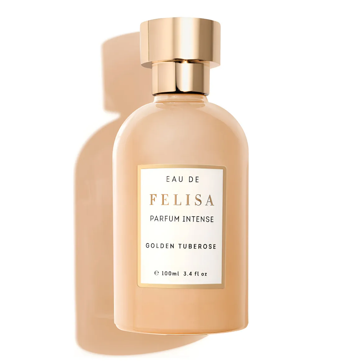 Frasco de perfume beige com tampa dourada e etiqueta branca com texto