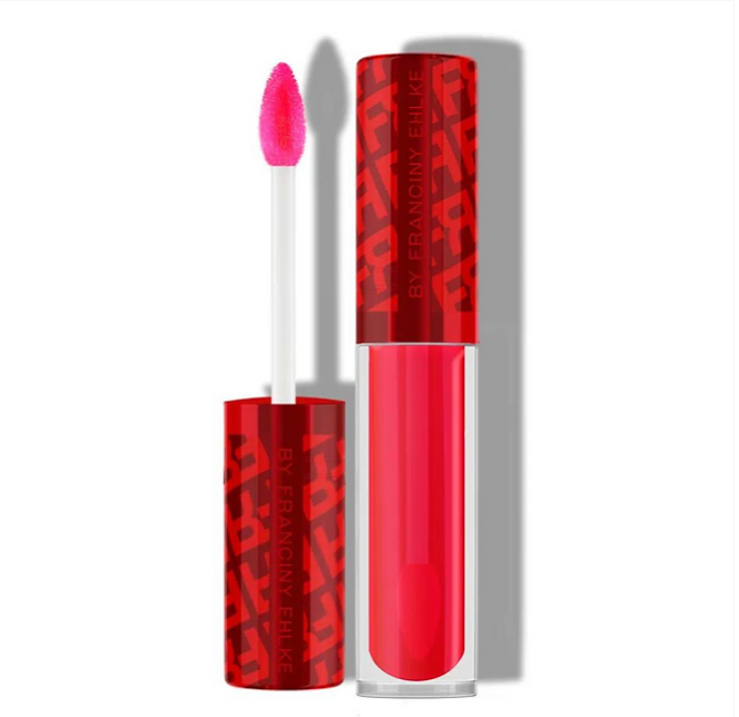 Batom líquido vermelho com aplicador em esponja e embalagem vermelha decorada