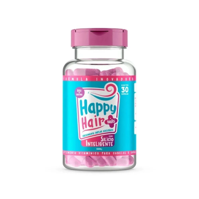 Frasco transparente com comprimidos rosa e rótulo azul de suplemento Happy Hair Nails