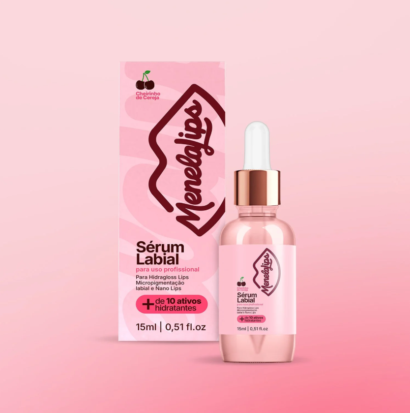 frasco de sérum labial e embalagem rosa Menelipes