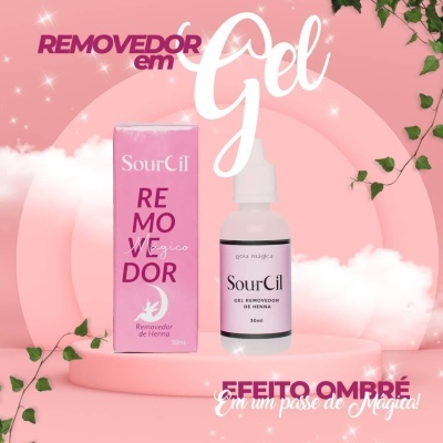 Produto Removedor em Gel SourCil com embalagem rosa e frasco branco num fundo rosa decorado