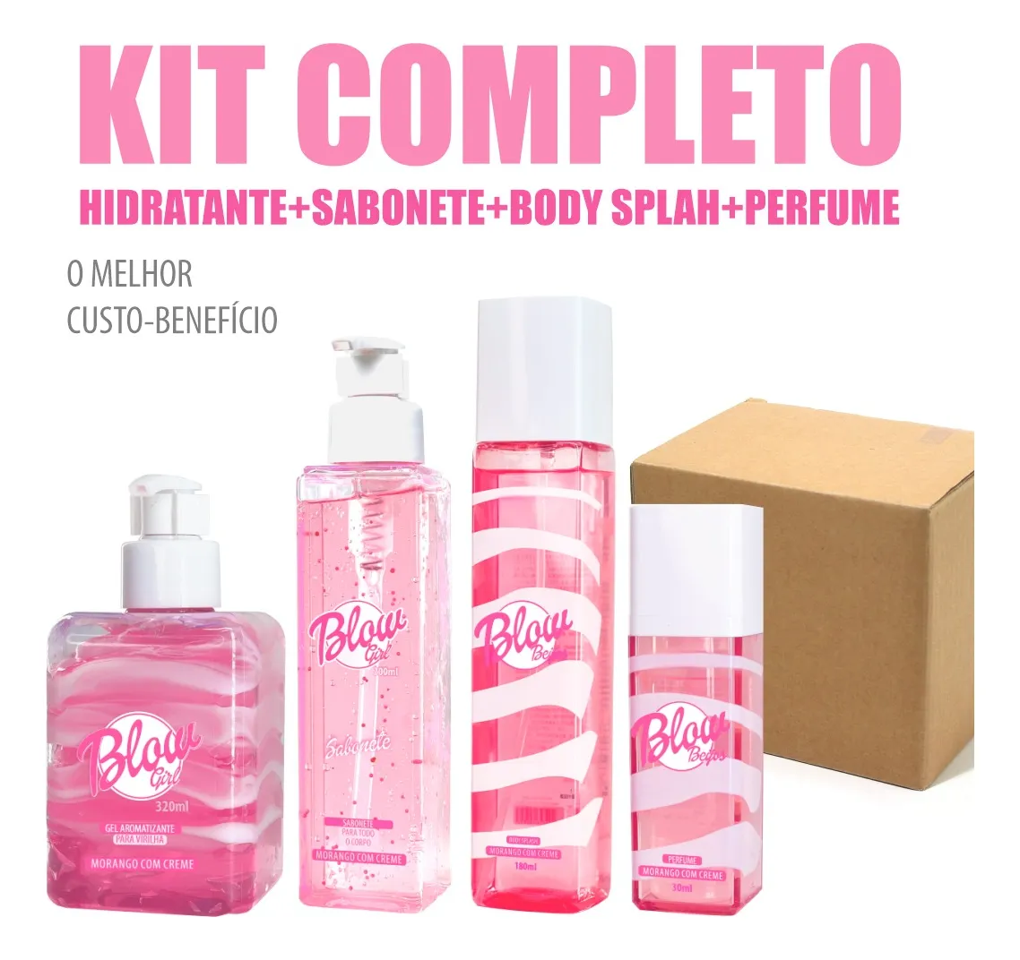 Kit cosmético completo com hidratante, sabonete, body splash e perfume em embalagens rosas.