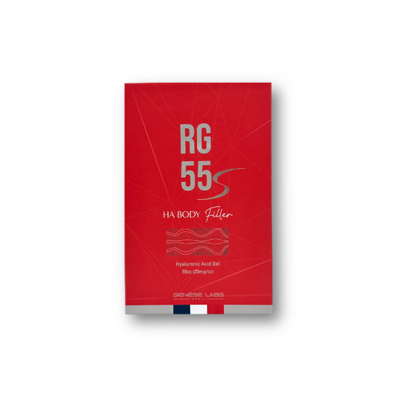 Embalagem vermelha de produto cosmético RG 55 HA BODY Filler