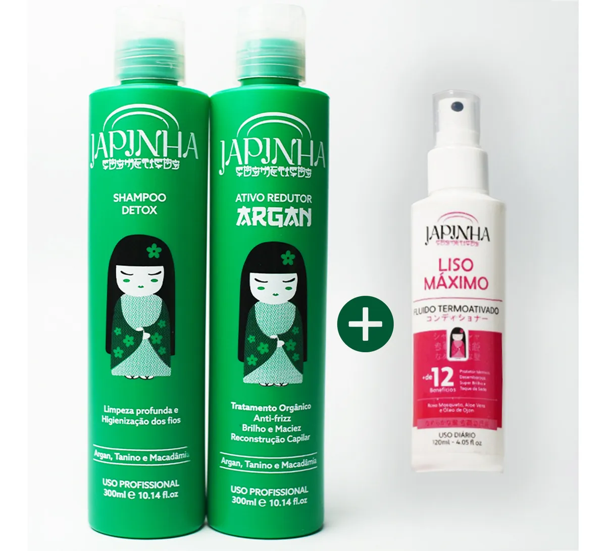 Três produtos Japinha Cosméticos para cabelo em fundo branco.