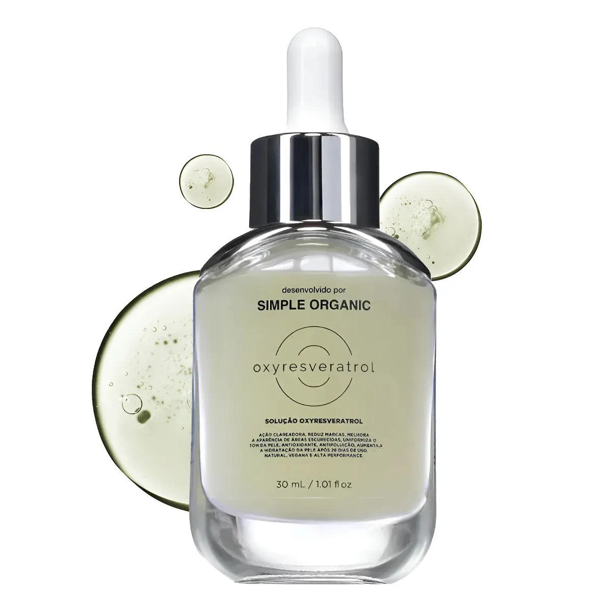 Frasco com solução líquida amarela clara e conta-gotas em fundo branco