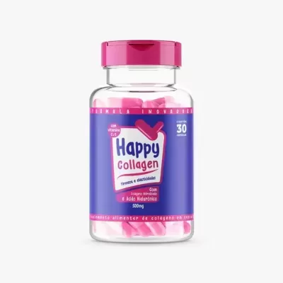 Frasco de suplemento Happy Collagen com cápsulas cor-de-rosa