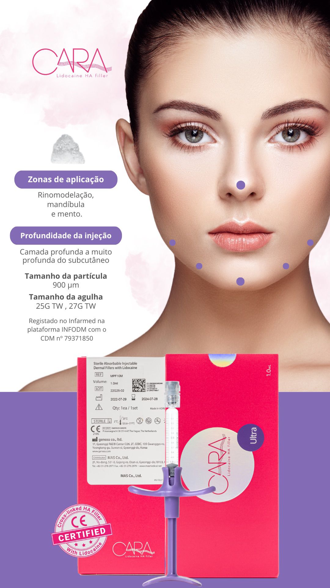 Produto CARA Lidocaína HA filler com descrição técnica e embalagem cor-de-rosa