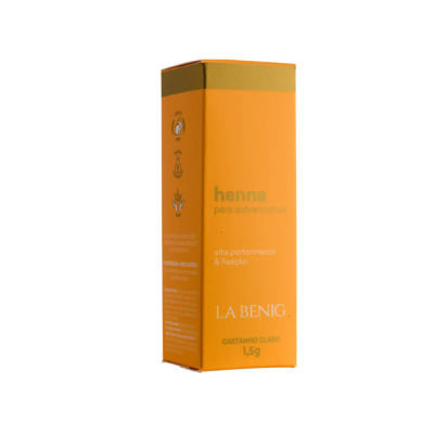 Embalagem de henna para sobrancelhas laranja com texto em dourado e branco