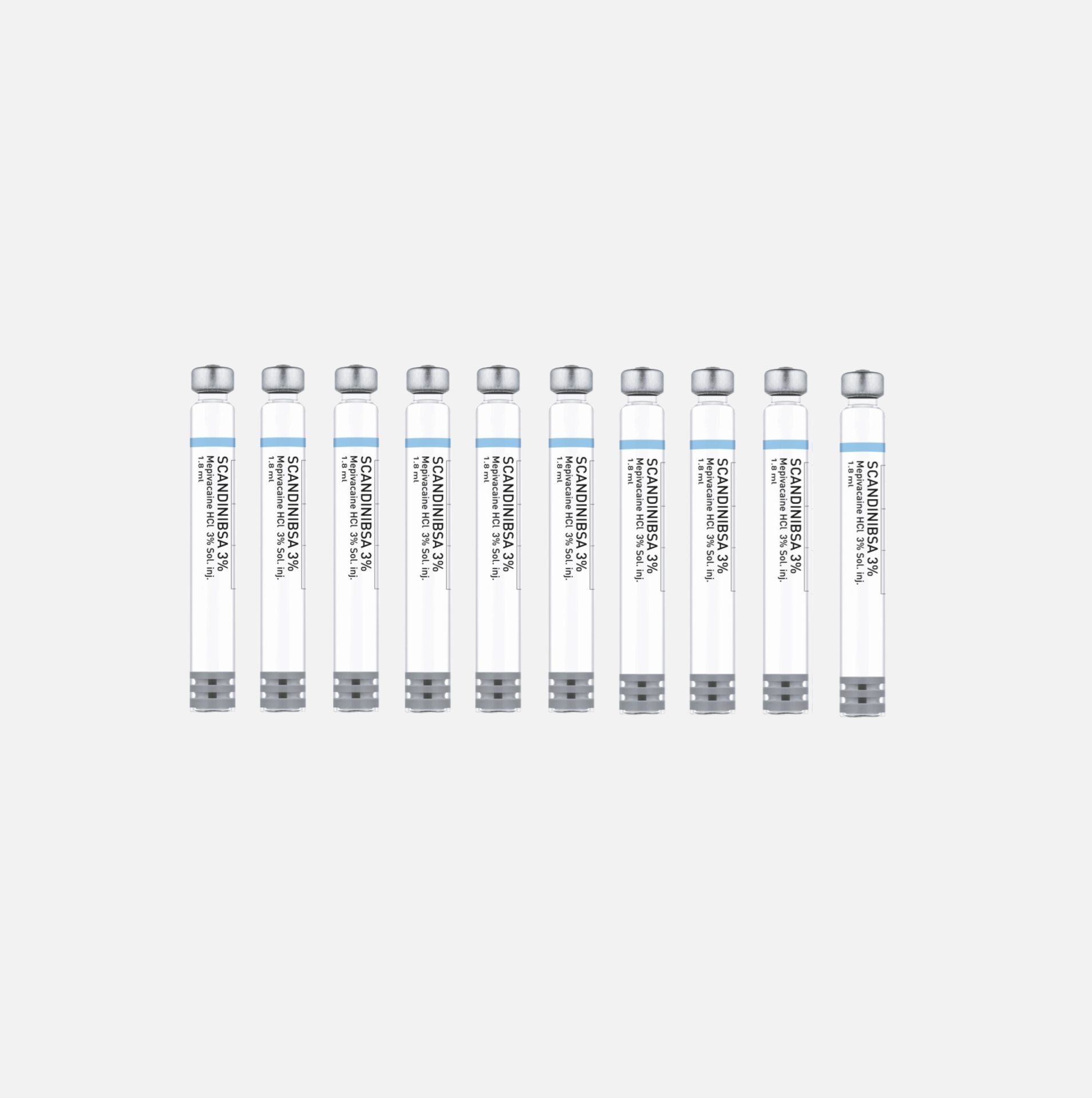 Dez tubos de ensaio com tampas prateadas e etiquetas brancas alinhados