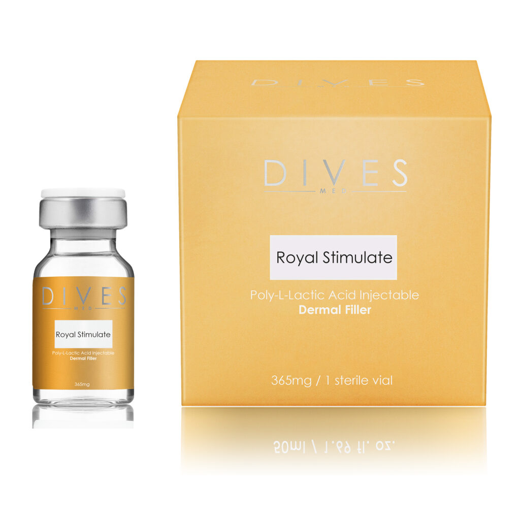 Frasco e caixa amarelos do produto Royal Stimulate dermal filler