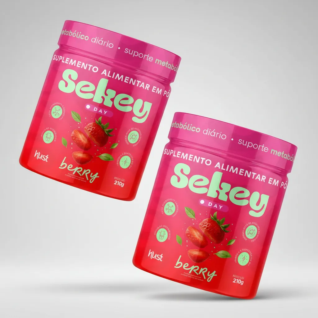Dois frascos rosa e vermelho de suplemento em pó Sekey day sabor berry com morangos