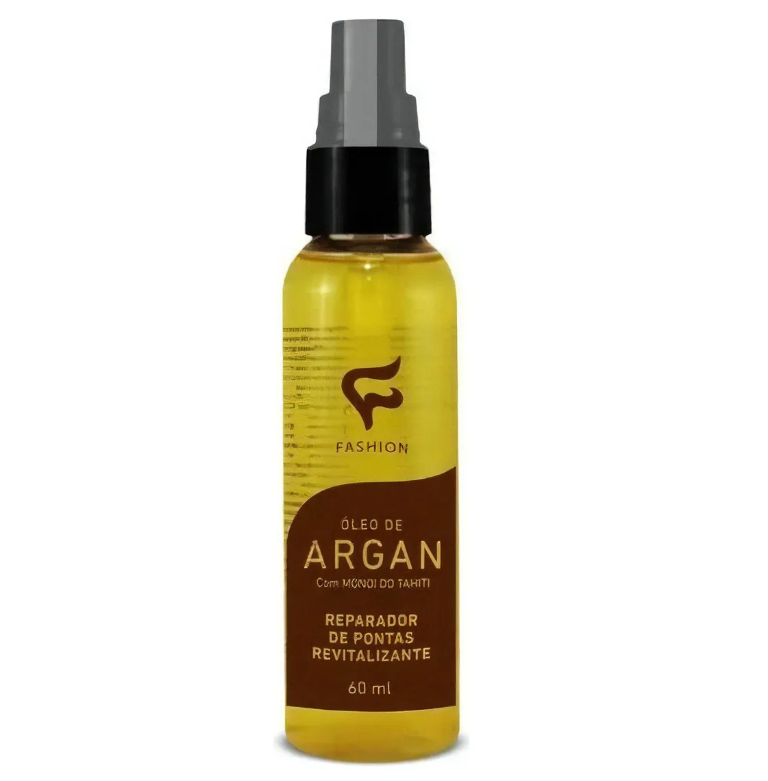 Frasco de óleo de argan com dispensador e etiqueta castanha